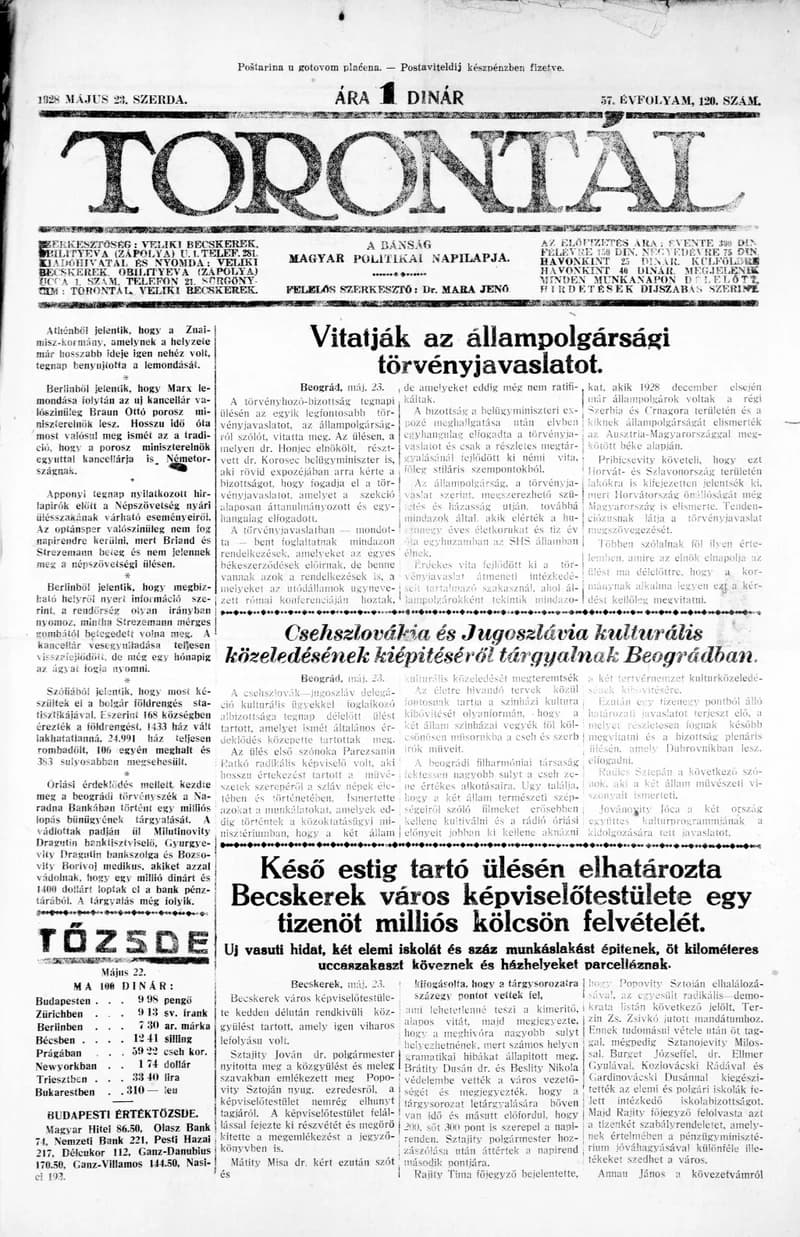 Torontál, 57. évf. 1928. május 23. 120. sz.