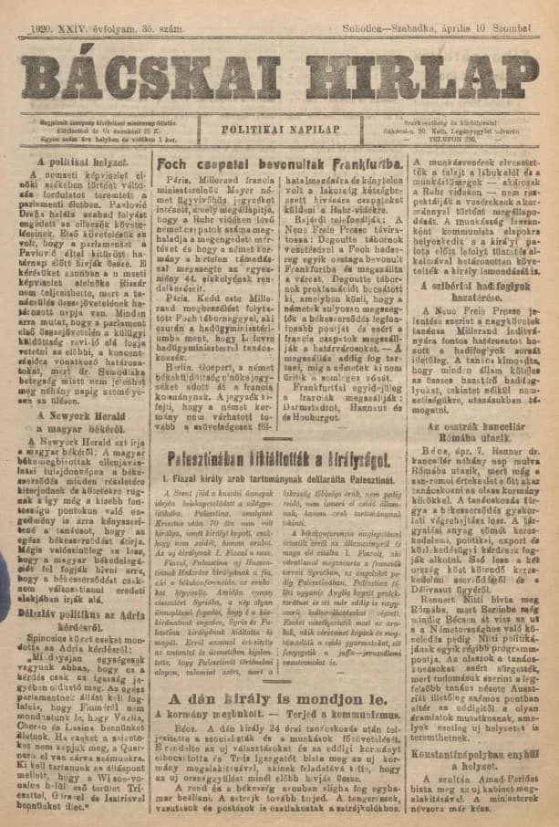 Bácskai Hirlap, 24. évf. 1920. április 10. 35. sz.