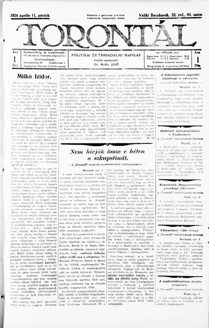 Torontál, 53. évf. 1924. április 11. 84. sz.