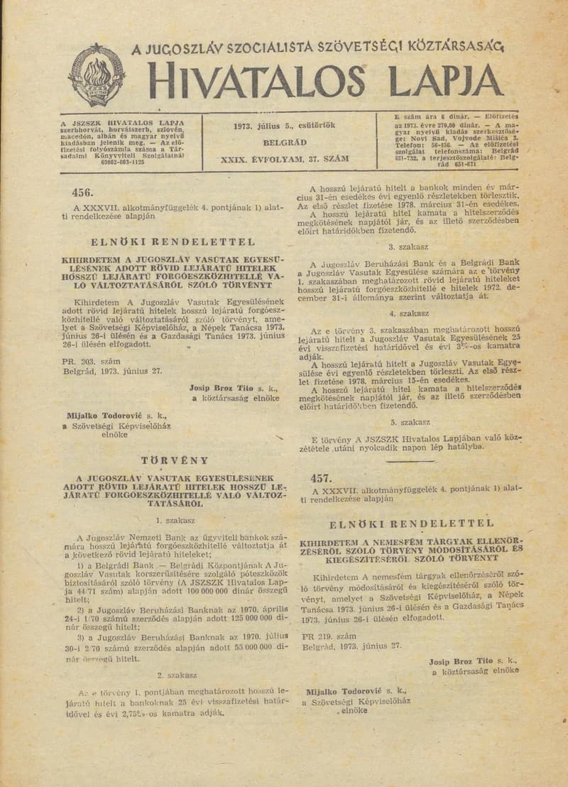 A Jugoszláv Szocialista Szövetségi Köztársaság Hivatalos Lapja, 29. évf. 1973. július 5. 37. sz. 1125–1176. oldal