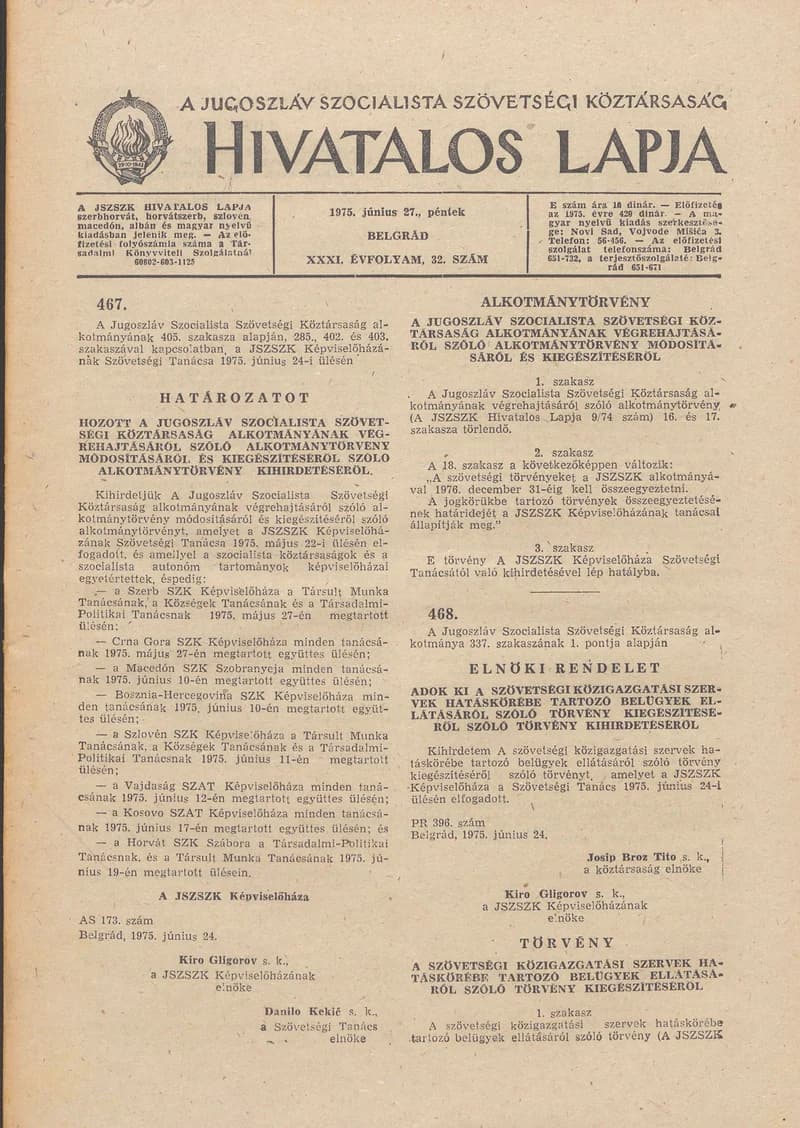A Jugoszláv Szocialista Szövetségi Köztársaság Hivatalos Lapja, 31. évf. 1975. június 27. 32. sz. 973–996. oldal