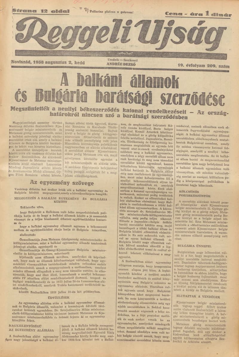 Reggeli Újság, 19. évf. 1938. augusztus 2. 209. sz.