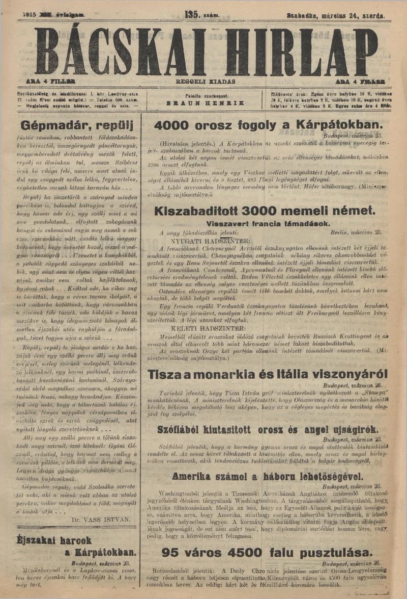Bácskai Hirlap, 19. évf. 1915. március 24. 135. sz.