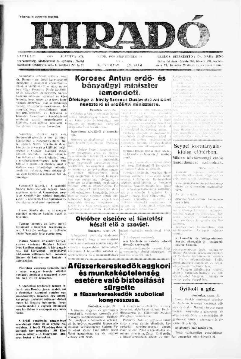 Híradó, 59. évf. 1930. szeptember 30. 226. sz.