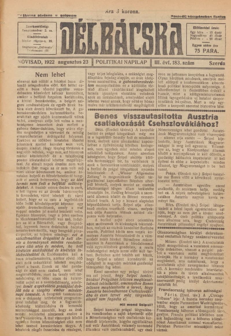 Délbácska, 3. évf. 1922. augusztus 23. 183. sz.
