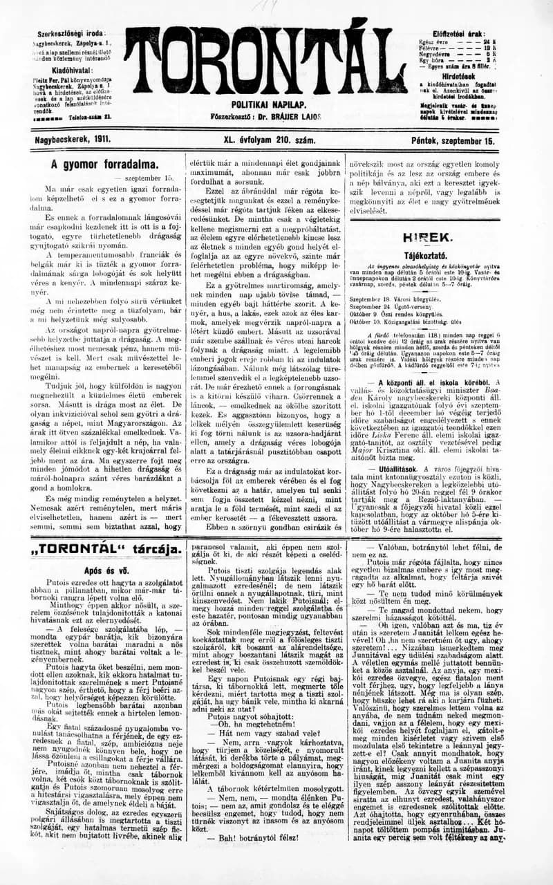 Torontál, 40. évf. 1911. szeptember 15. 210. sz.