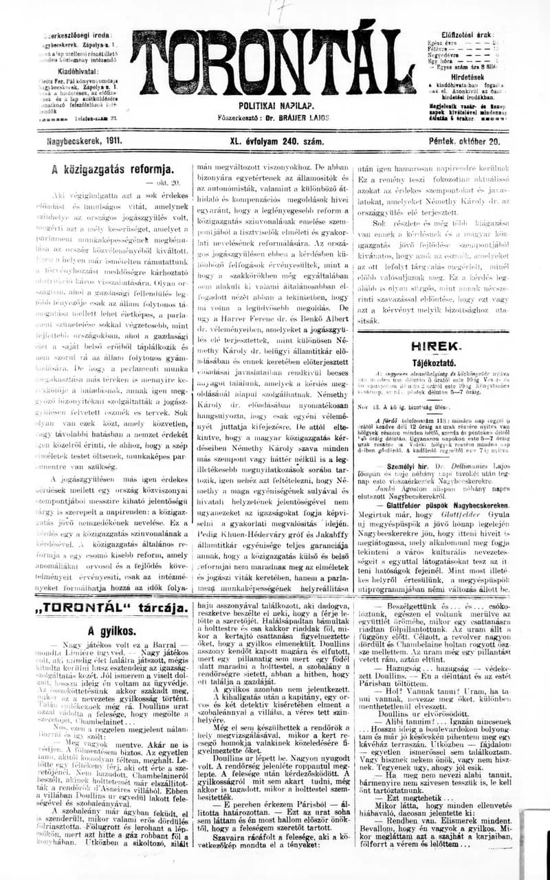 Torontál, 40. évf. 1911. október 20. 240. sz.