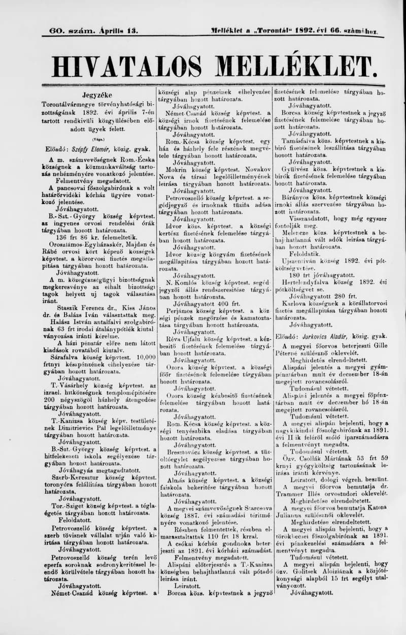 A Totontál  hivatalos melléklete, 5. évf. 1892. április 13. 60. sz.
