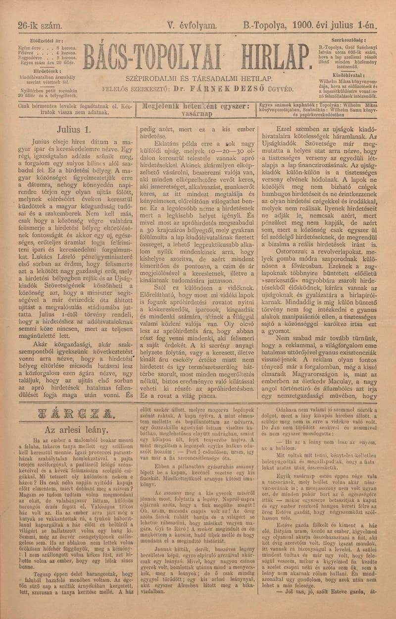 Bács-Topolyai Hirlap, 5. évf. 1900. július 1. 26. sz.