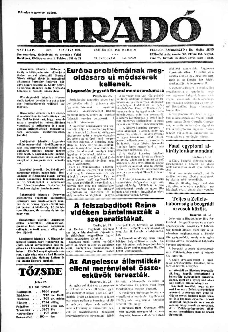 Híradó, 59. évf. 1930. július 24. 169. sz.