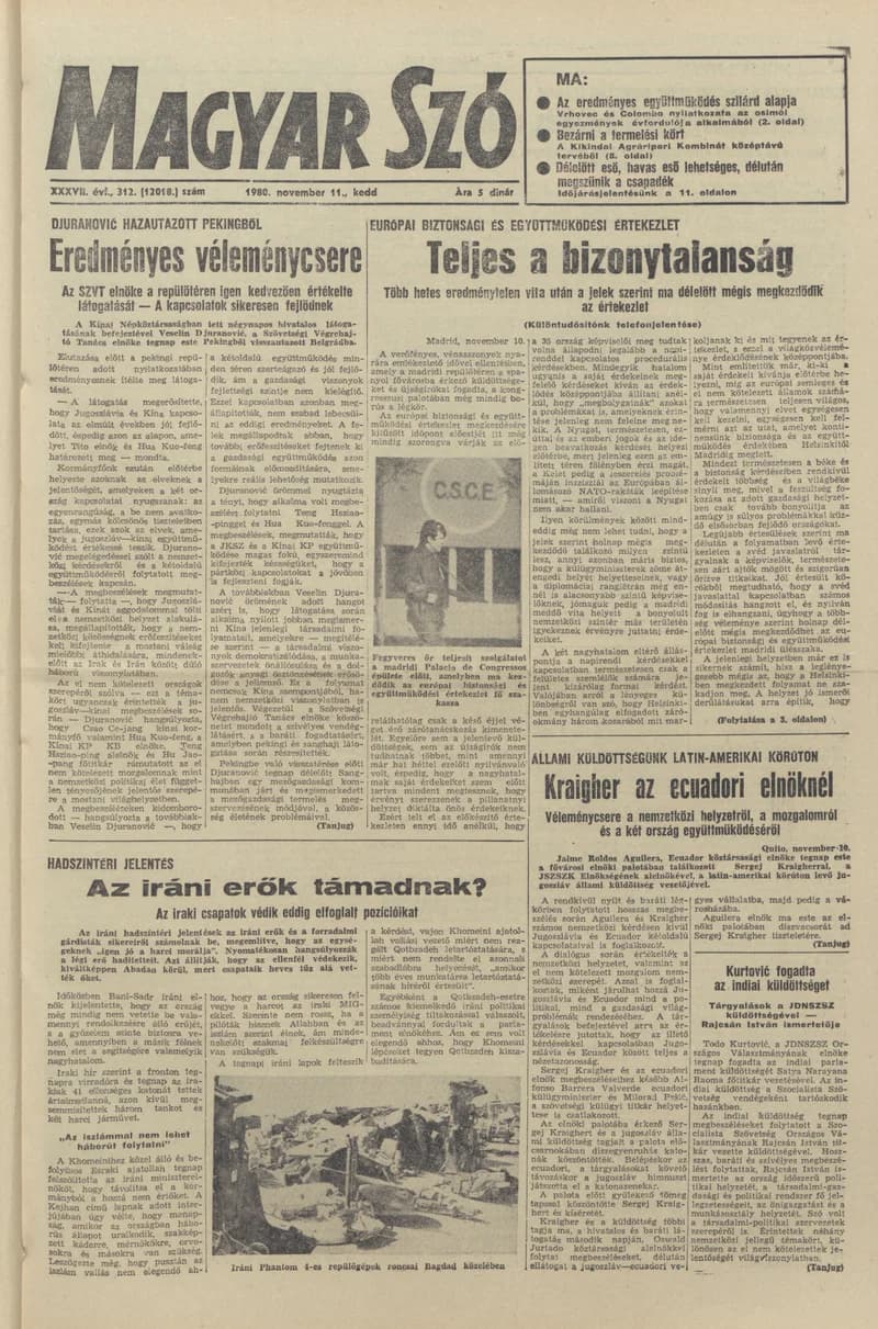 Magyar Szó, 37. évf. 1980. november 11. 312. sz. 1–20. oldal