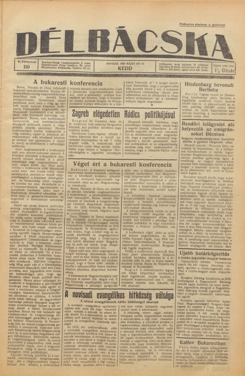 Délbácska, 6. évf. 1925. május 12. 110. sz.