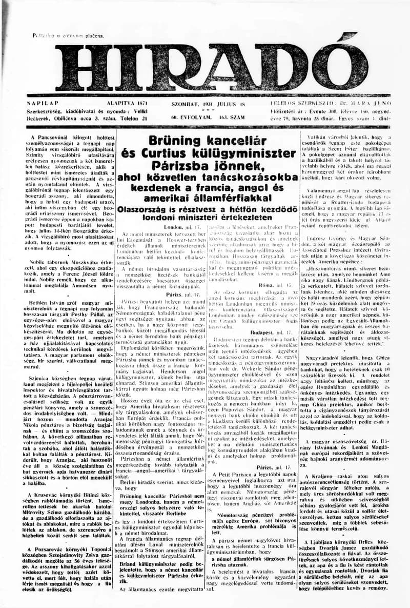 Híradó, 60. évf. 1931. július 18. 163. sz.