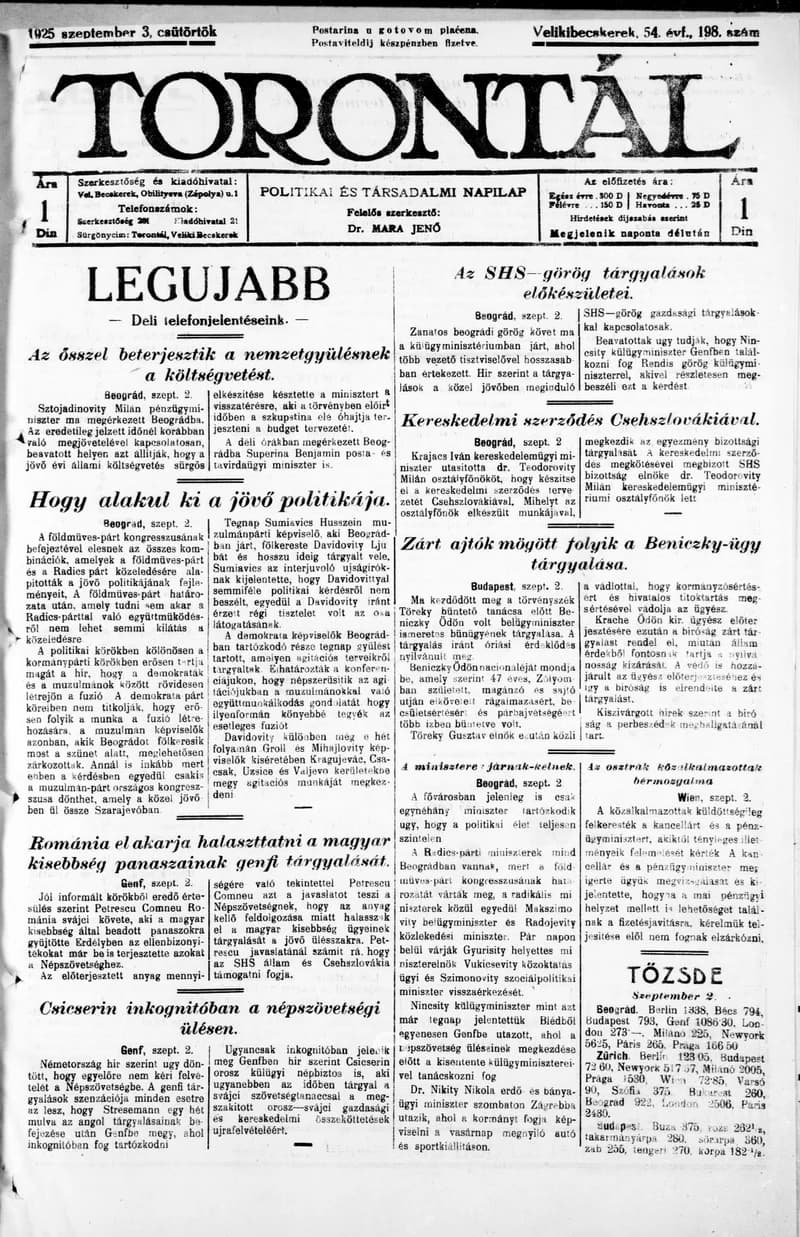 Torontál, 54. évf. 1925. szeptember 3. 198. sz.
