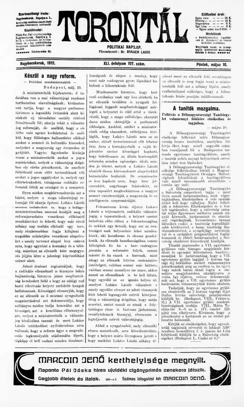 Torontál, 41. évf. 1912. május 10. 107. sz.