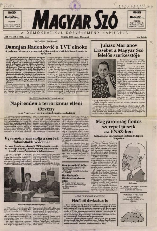 Magyar Szó, 57. évf. 2000. június 30. 152. sz. 1–16. oldal