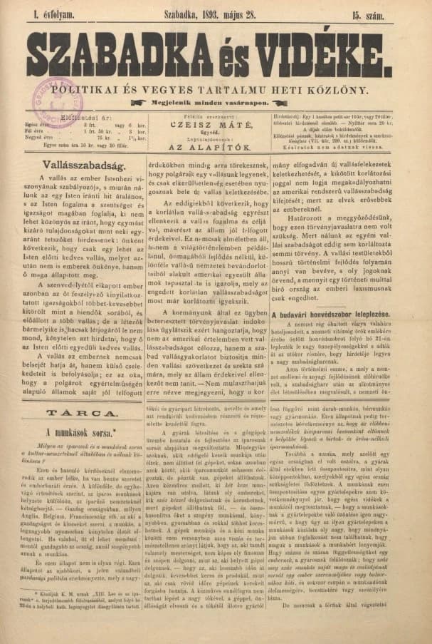 Szabadka és vidéke II, 1. évf. 1893. május 28. 15. sz.
