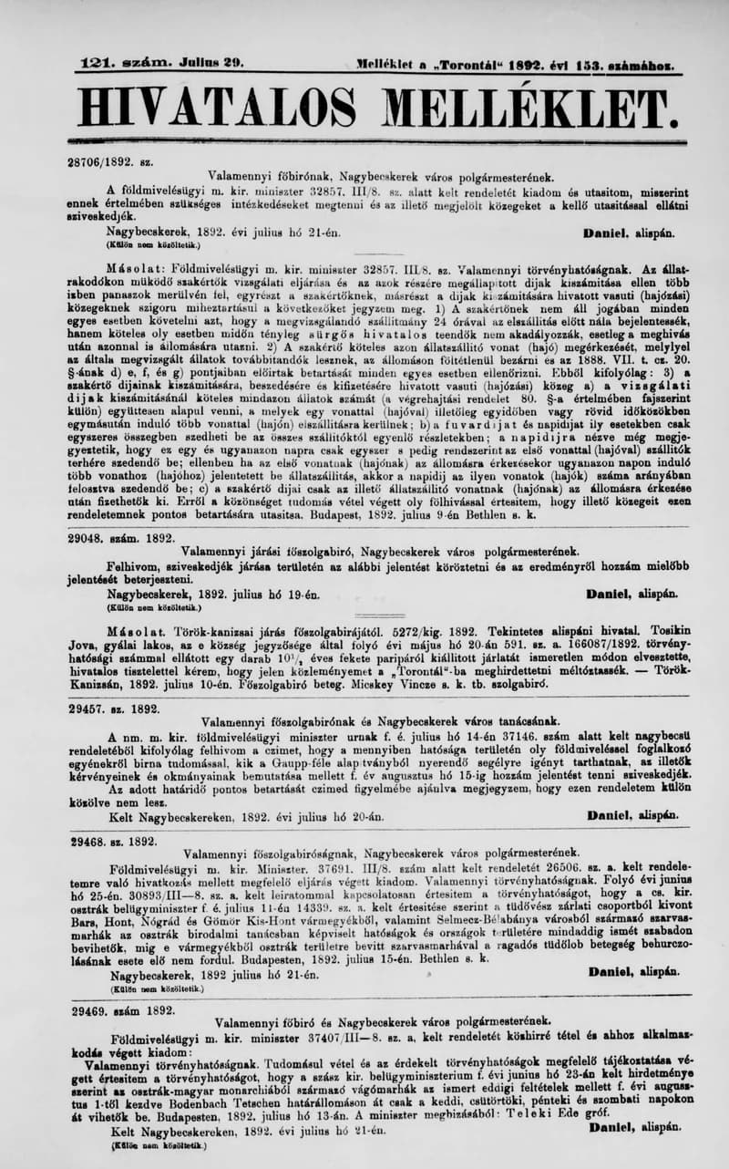 A Totontál  hivatalos melléklete, 5. évf. 1892. július 29. 121. sz.