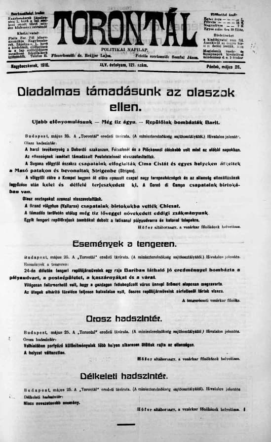 Torontál, 45. évf. 1916. május 26. 121. sz.