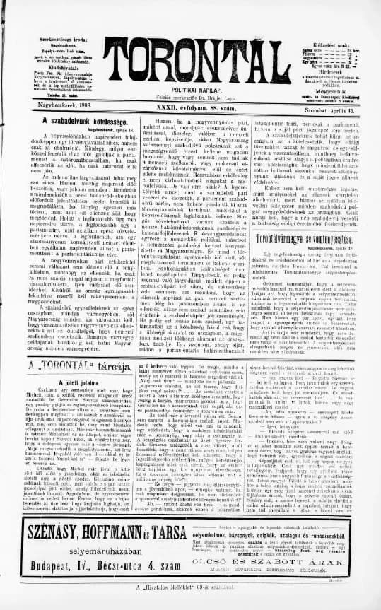 Torontál, 32. évf. 1903. április 18. 88. sz.