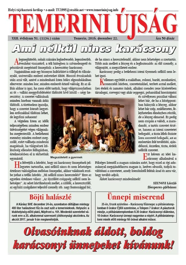 Temerini Újság, 22. évf. 2016. december 22. 51. sz.