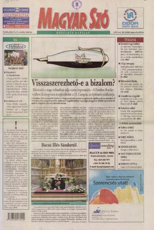 Magyar Szó, 66. évf. 2009. július 18. – 19. 165. sz. 1–24. oldal
