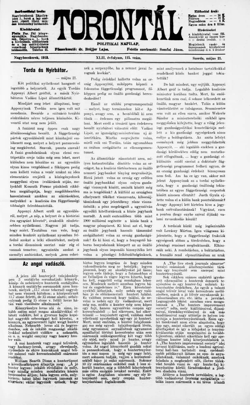Torontál, 42. évf. 1913. május 21. 115. sz.