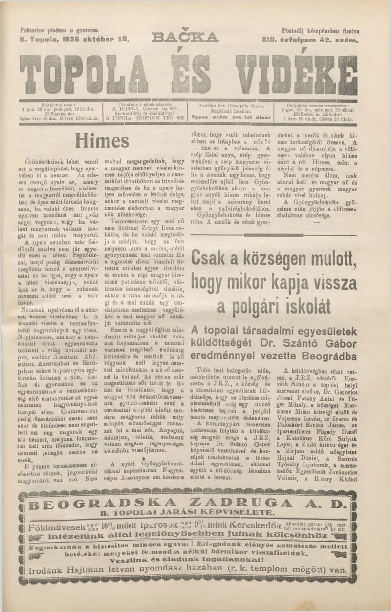 Bačka Topola és Vidéke, 13. évf. 1936. október 18. 42. sz.