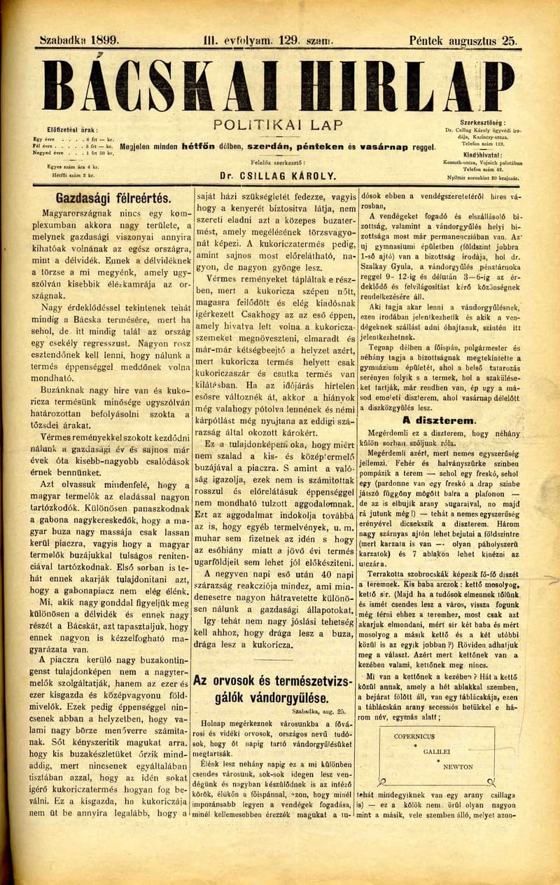 Bácskai Hirlap, 3. évf. 1899. augusztus 25. 129. sz.