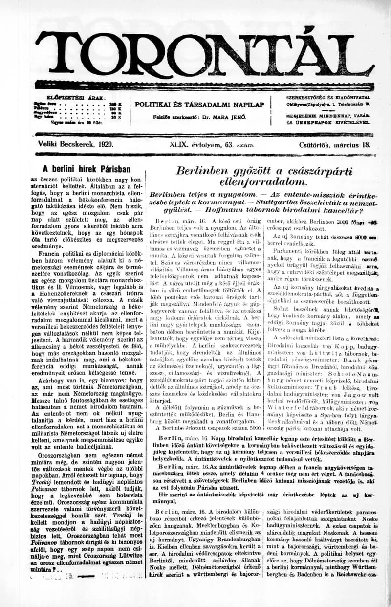 Torontál, 49. évf. 1920. március 18. 63. sz.