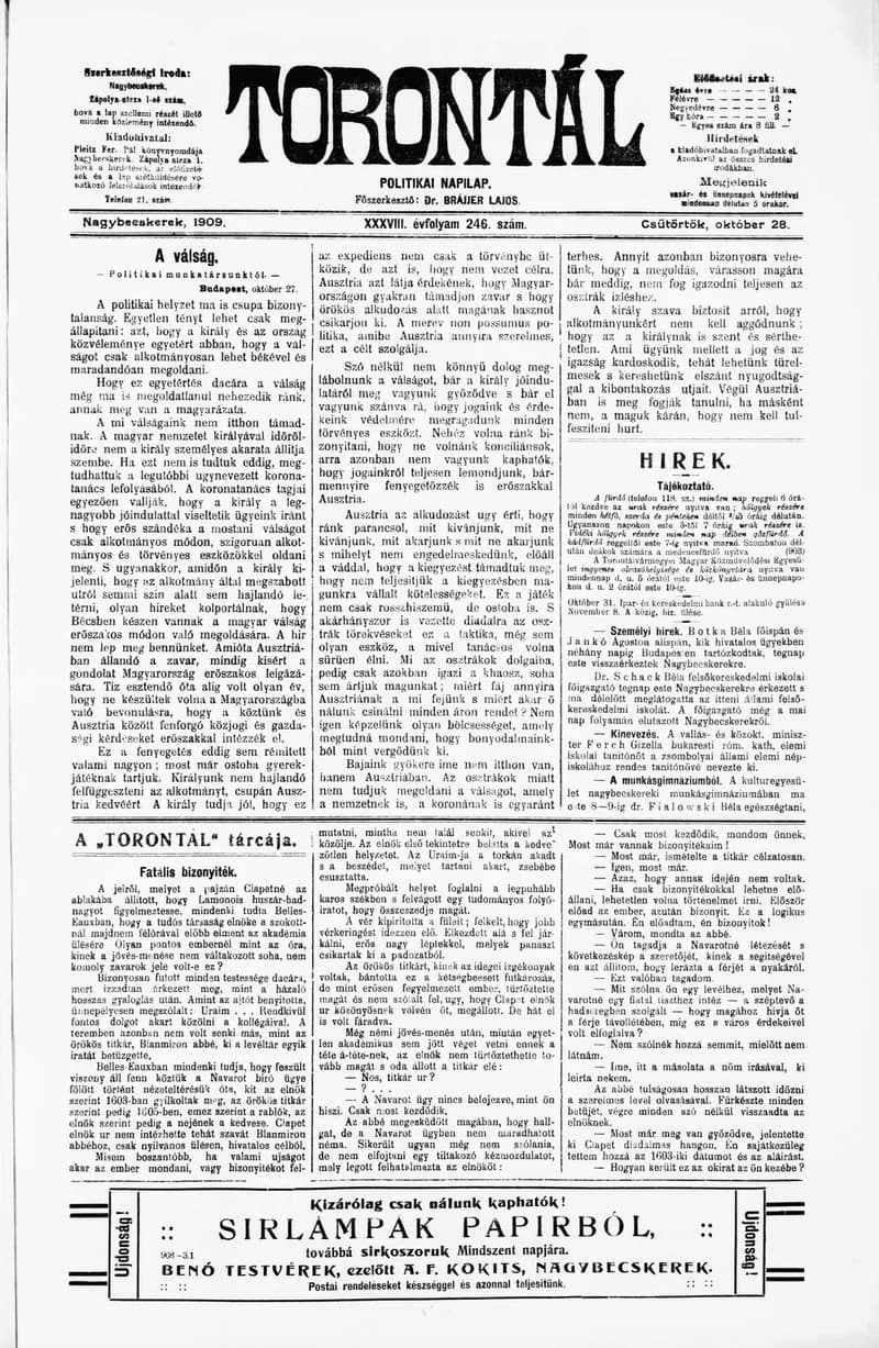Torontál, 38. évf. 1909. október 28. 246. sz.