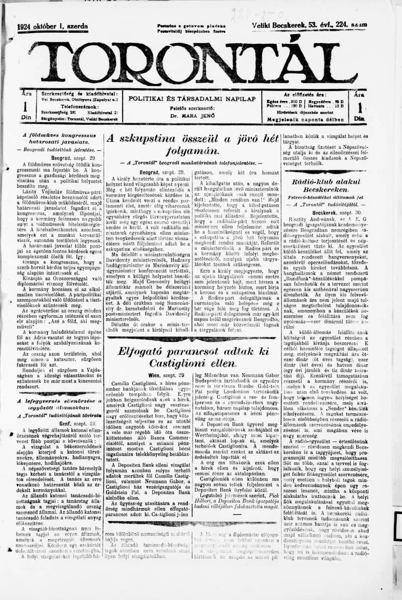 Torontál, 53. évf. 1924. október 1. 224. sz.