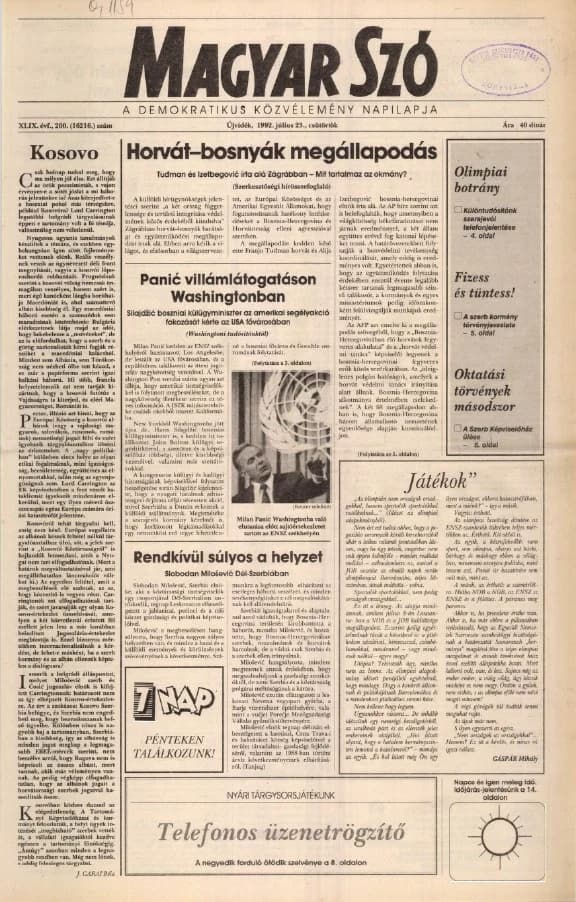 Magyar Szó, 49. évf. 1992. július 23. 200. sz. 1–16. oldal