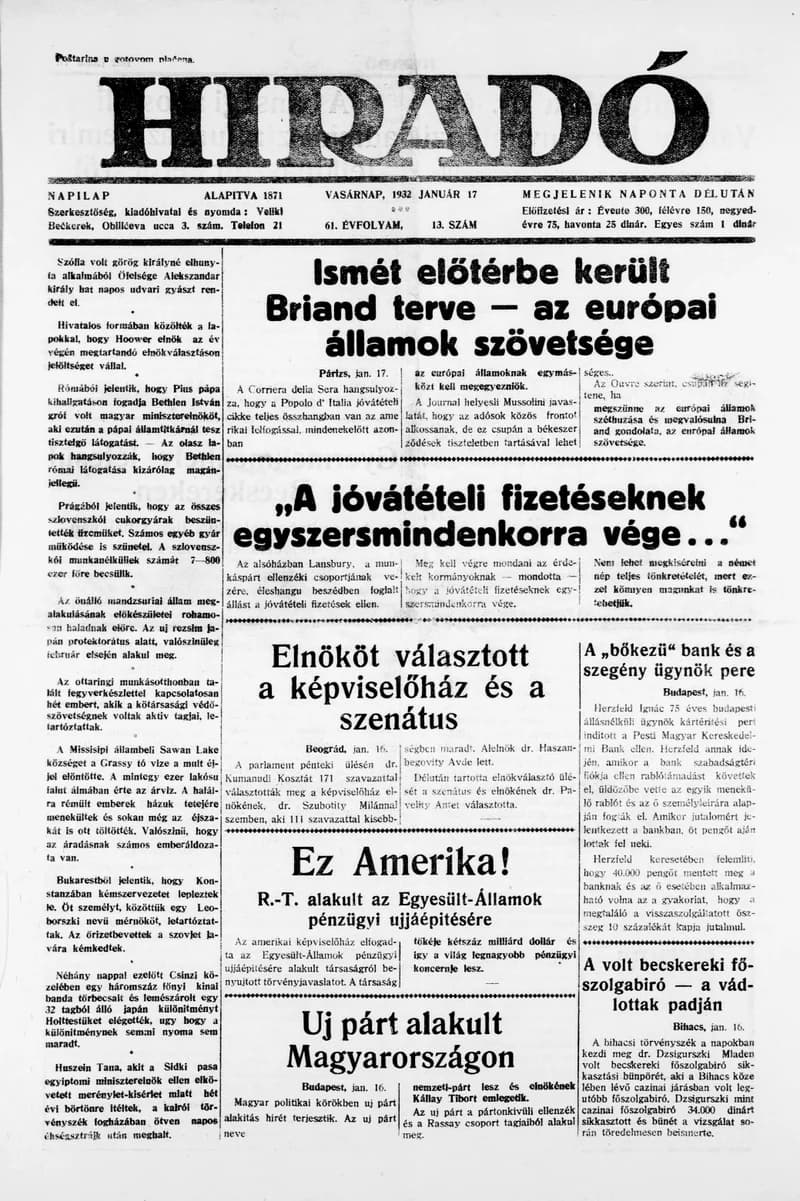 Híradó, 61. évf. 1932. január 17. 13. sz.