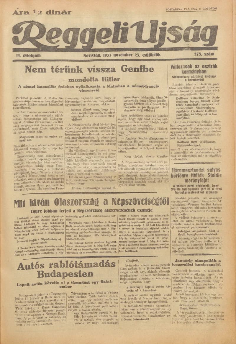 Reggeli Újság, 14. évf. 1933. november 23. 275. sz.