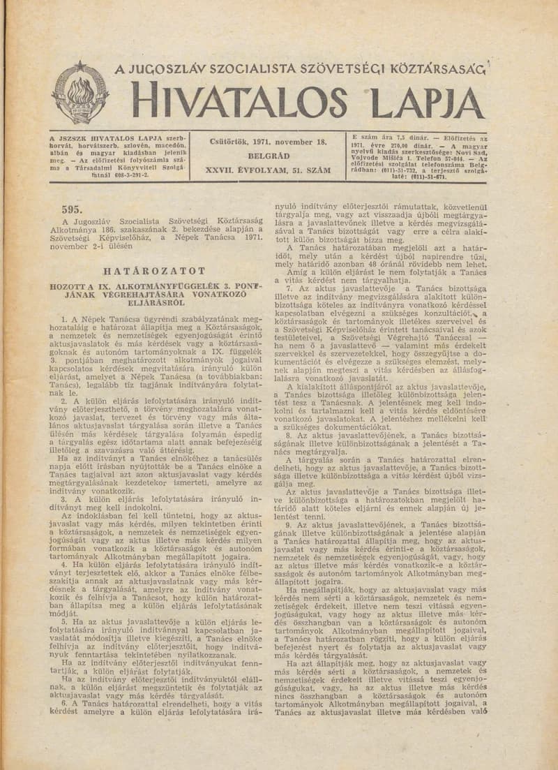 A Jugoszláv Szocialista Szövetségi Köztársaság Hivatalos Lapja, 27. évf. 1971. november 18. 51. sz. 941–1000. oldal