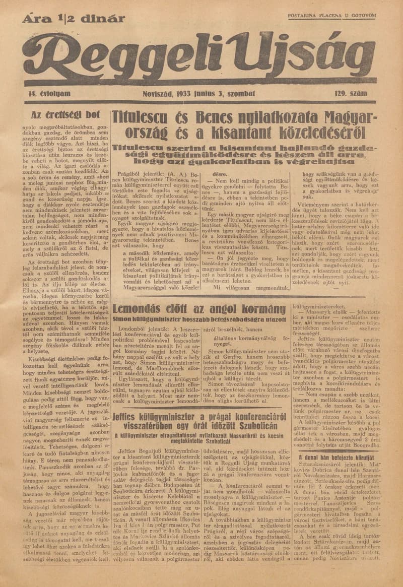 Reggeli Újság, 14. évf. 1933. június 3. 129. sz.