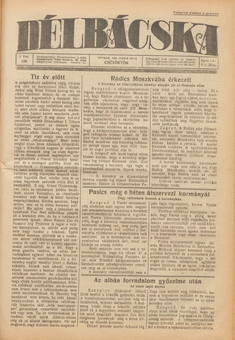 Délbácska, 5. évf. 1924. június 12. 136. sz.