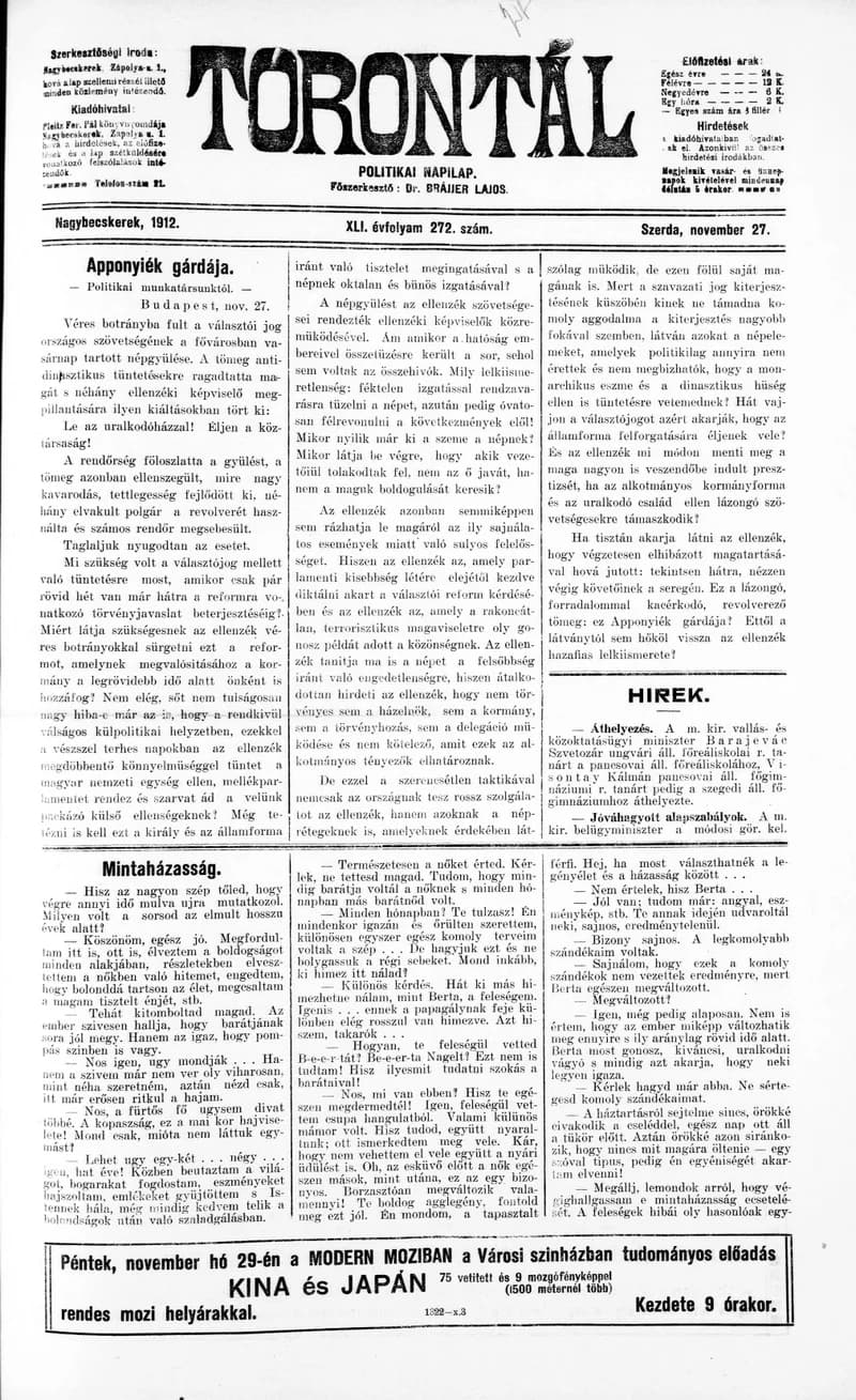 Torontál, 41. évf. 1912. november 27. 272. sz.
