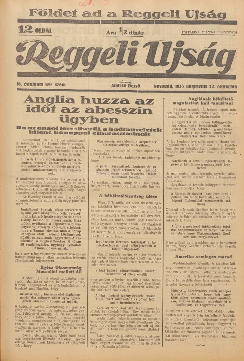 Reggeli Újság, 16. évf. 1935. augusztus 22. 197. sz.