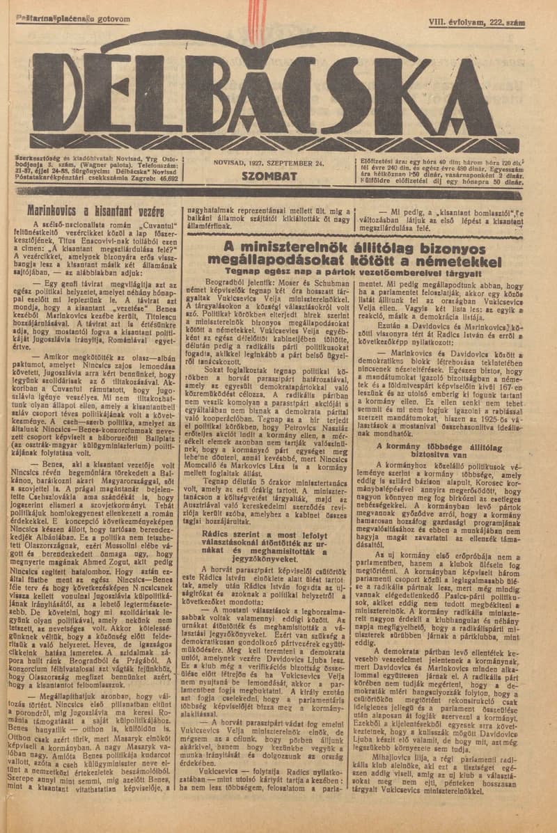 Délbácska, 8. évf. 1927. szeptember 24. 222. sz.