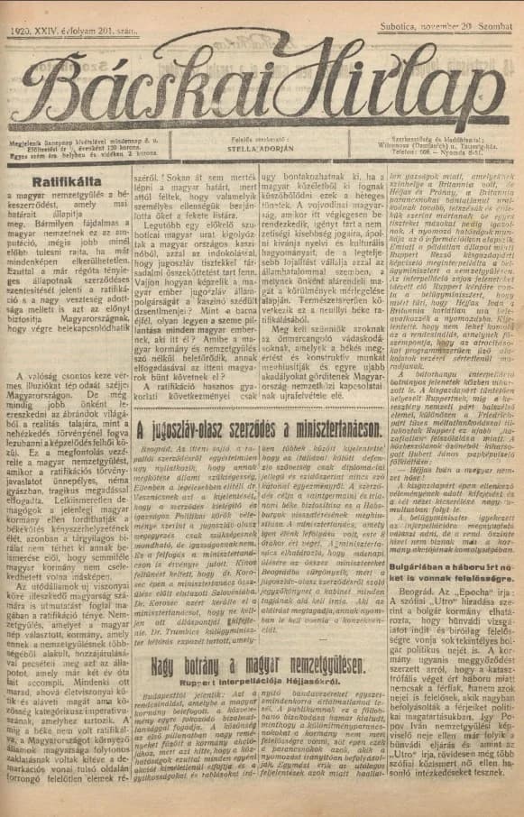 Bácskai Hirlap, 24. évf. 1920. november 20. 201. sz.
