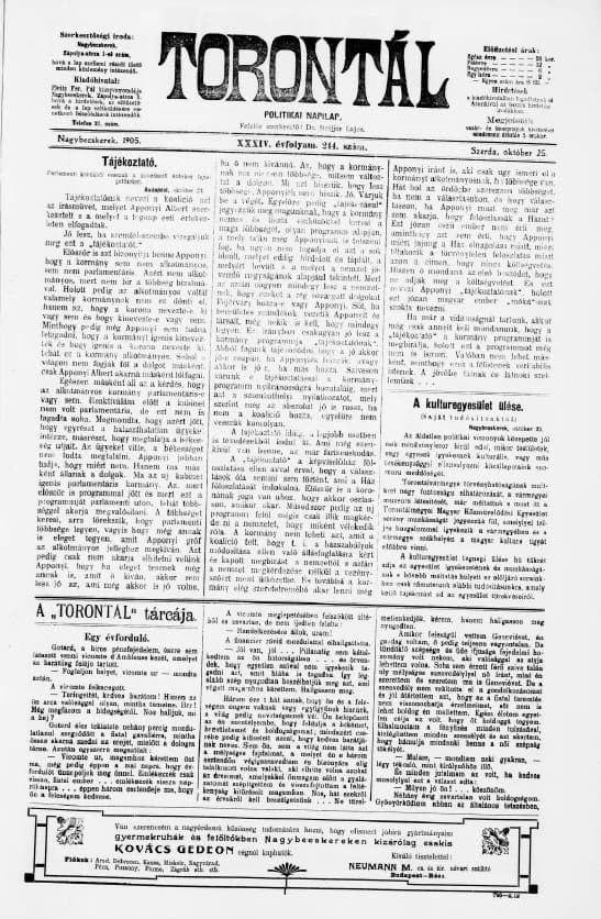 Torontál, 34. évf. 1905. október 25. 244. sz.