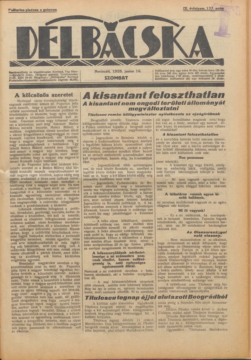 Délbácska, 9. évf. 1928. június 16. 137. sz.