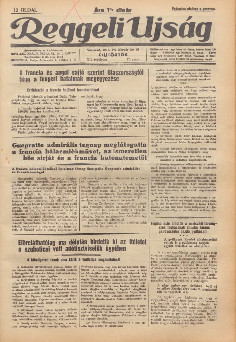 Reggeli Újság, 12. évf. 1931. február 26. 47. sz.