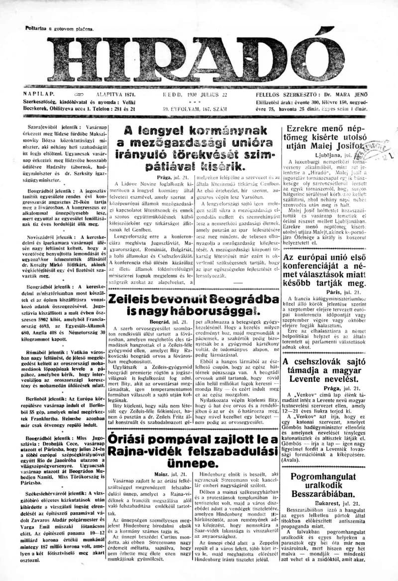 Híradó, 59. évf. 1930. július 22. 167. sz.