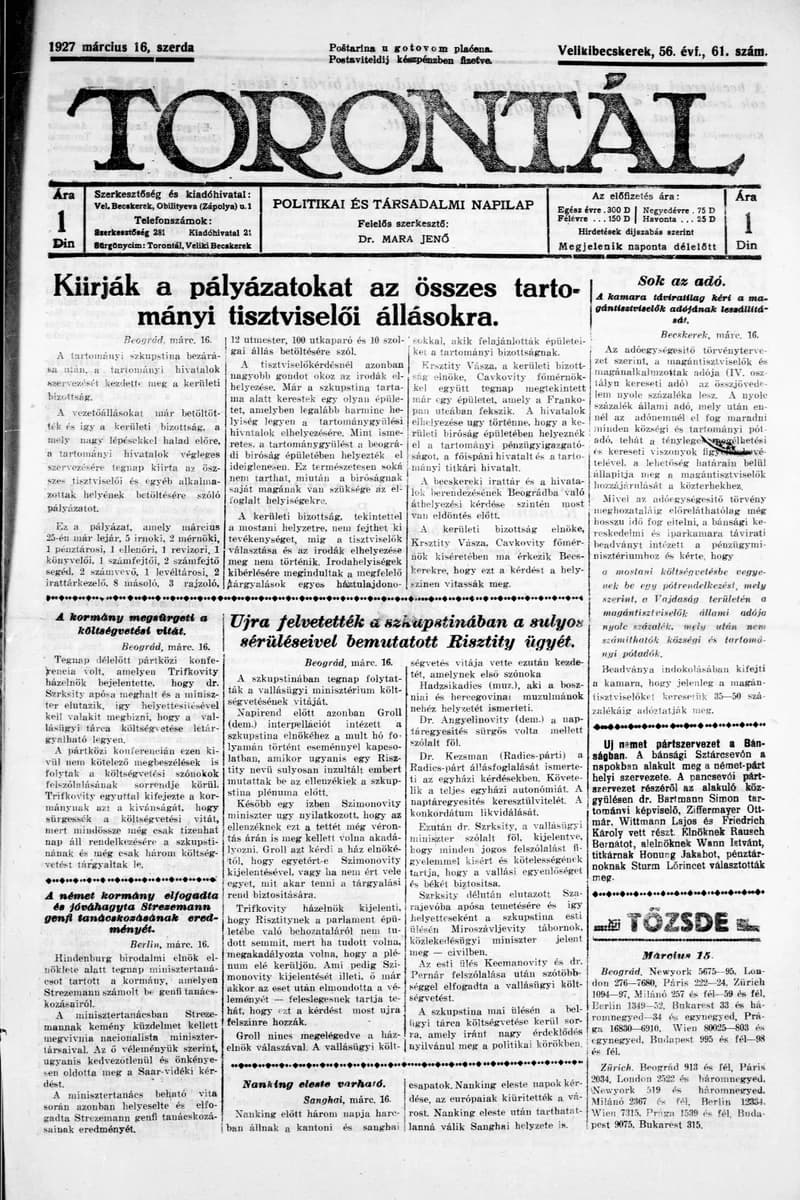 Torontál, 56. évf. 1927. március 16. 61. sz.