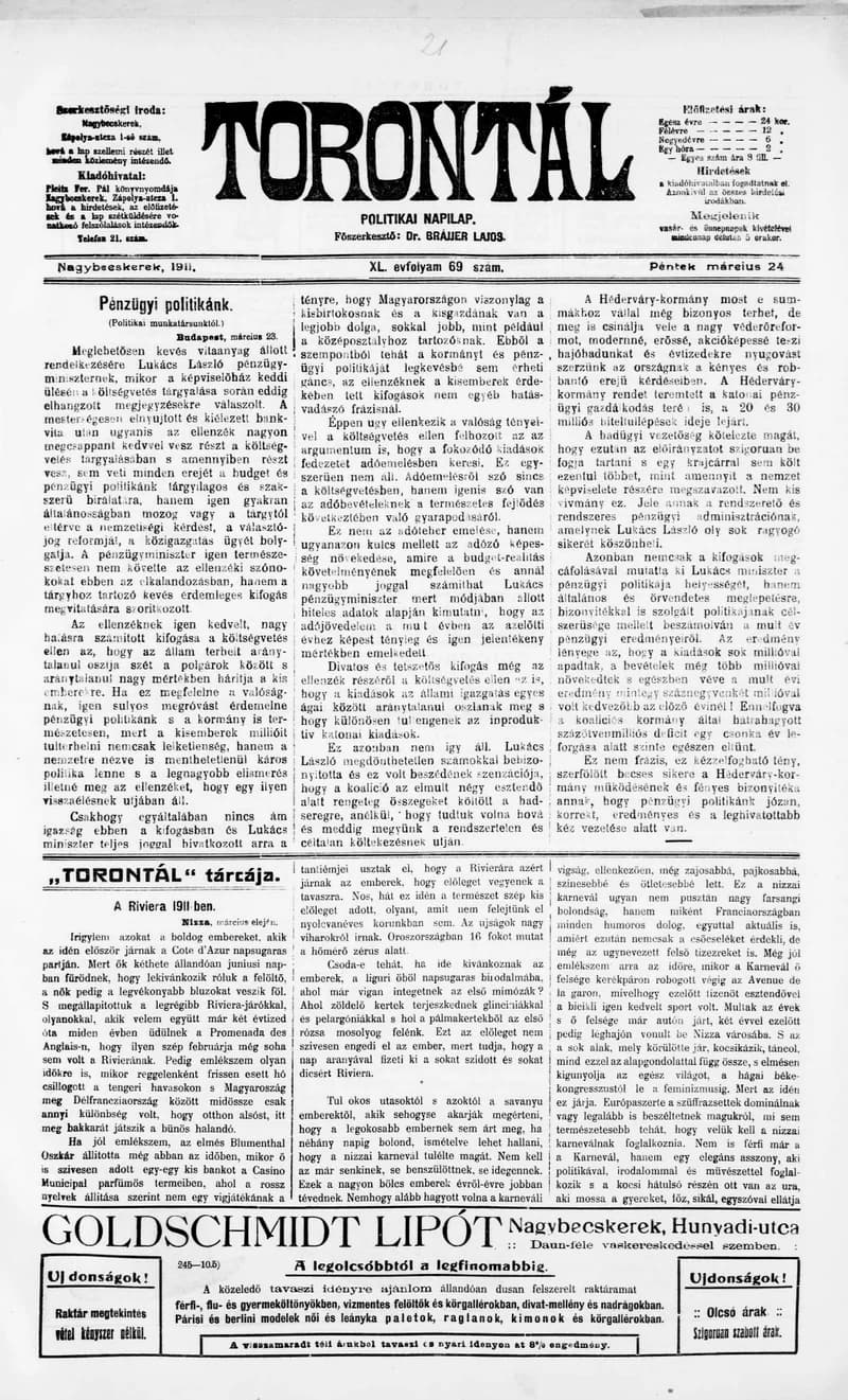 Torontál, 40. évf. 1911. március 24. 69. sz.