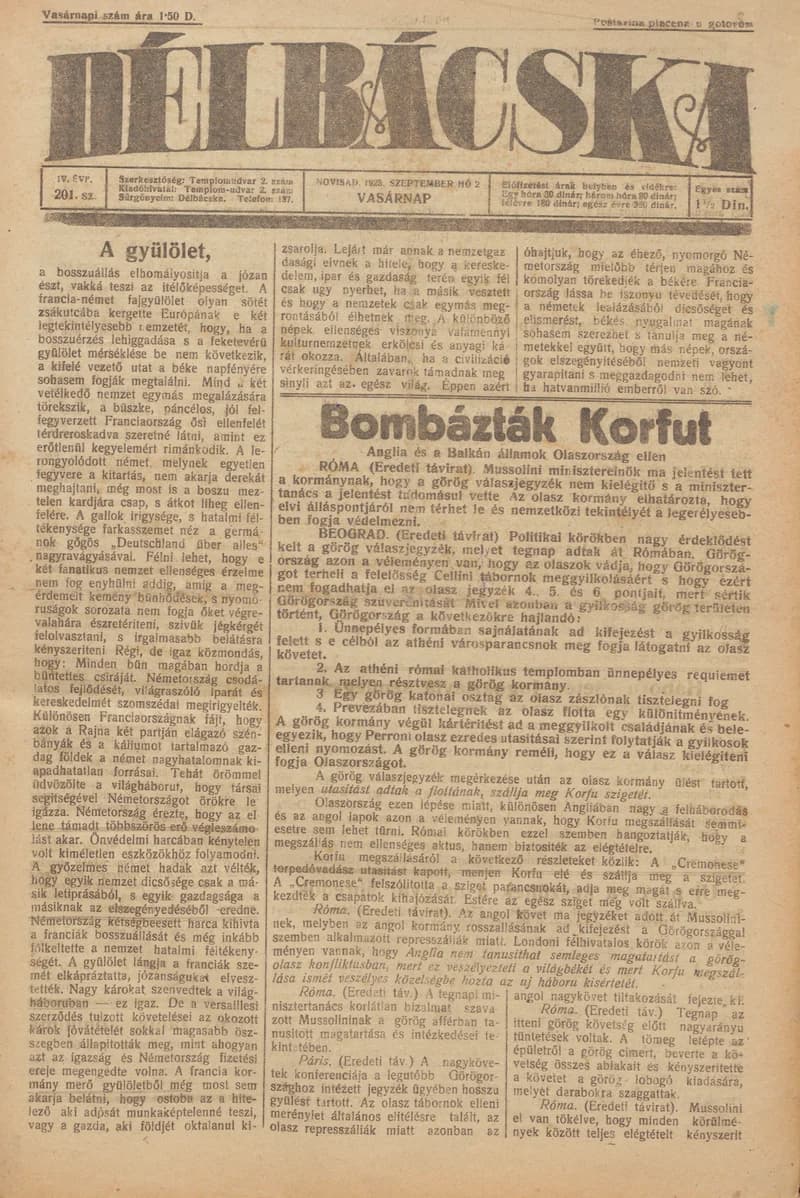 Délbácska, 4. évf. 1923. szeptember 2. 201. sz.