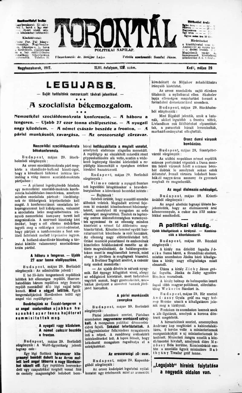 Torontál, 46. évf. 1917. május 29. 121. sz.